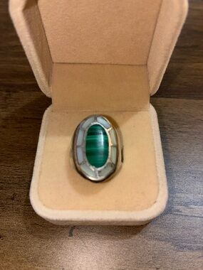 Green Malachite Inlay Sterling-Style Ring with White Accents
